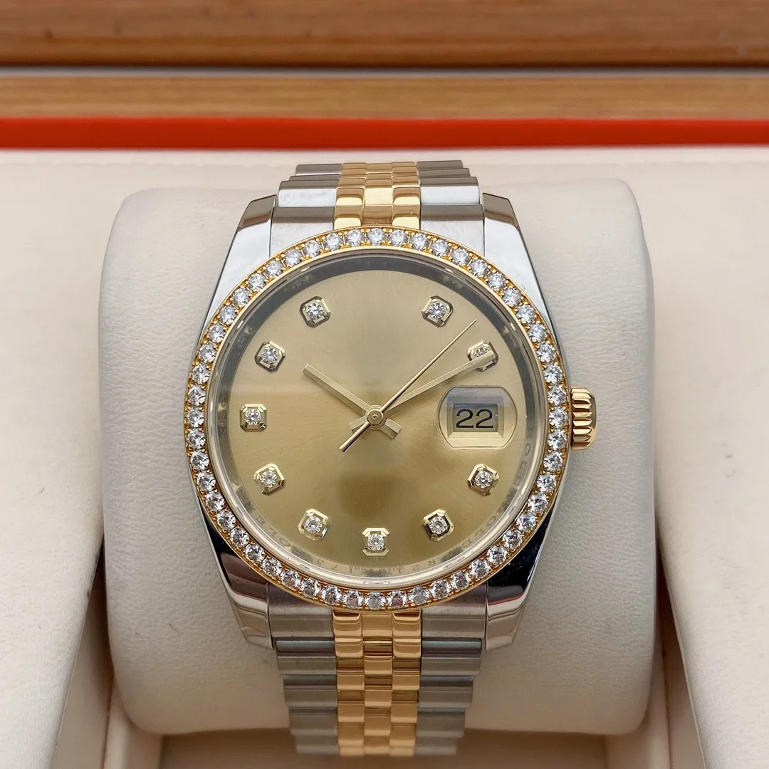 36 Gold Champagne Dial Diamond Watch 116243 Ze Stali Nierdzewnej 18k Pure Gold Factory Automatyczne męskie zegarki