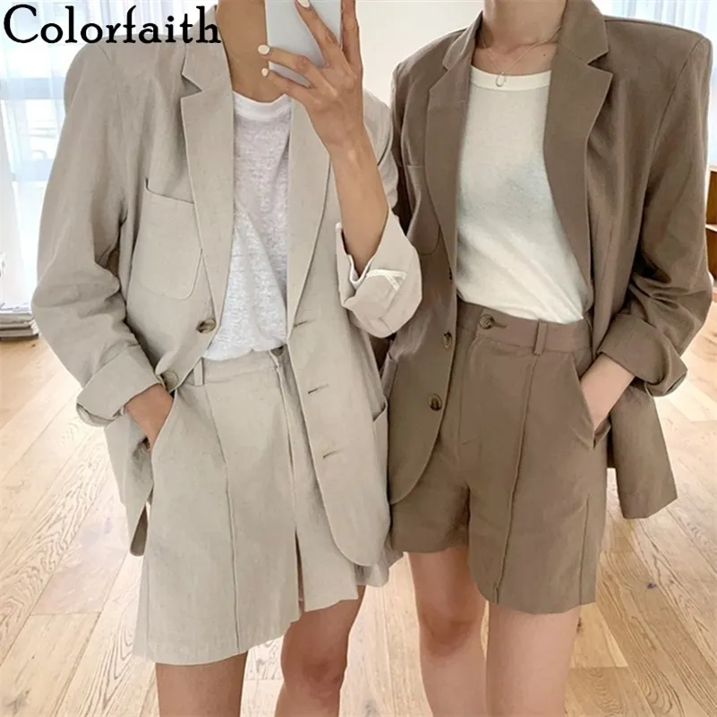 Colorfaith 2020 Nowe Letnie Zestawy damskie 2 sztuki Dopasowane Szerokie nogi Krótkie spodnie Casual Bawełna i Pościel Kieszenie Lady Suit WS9312 T200701