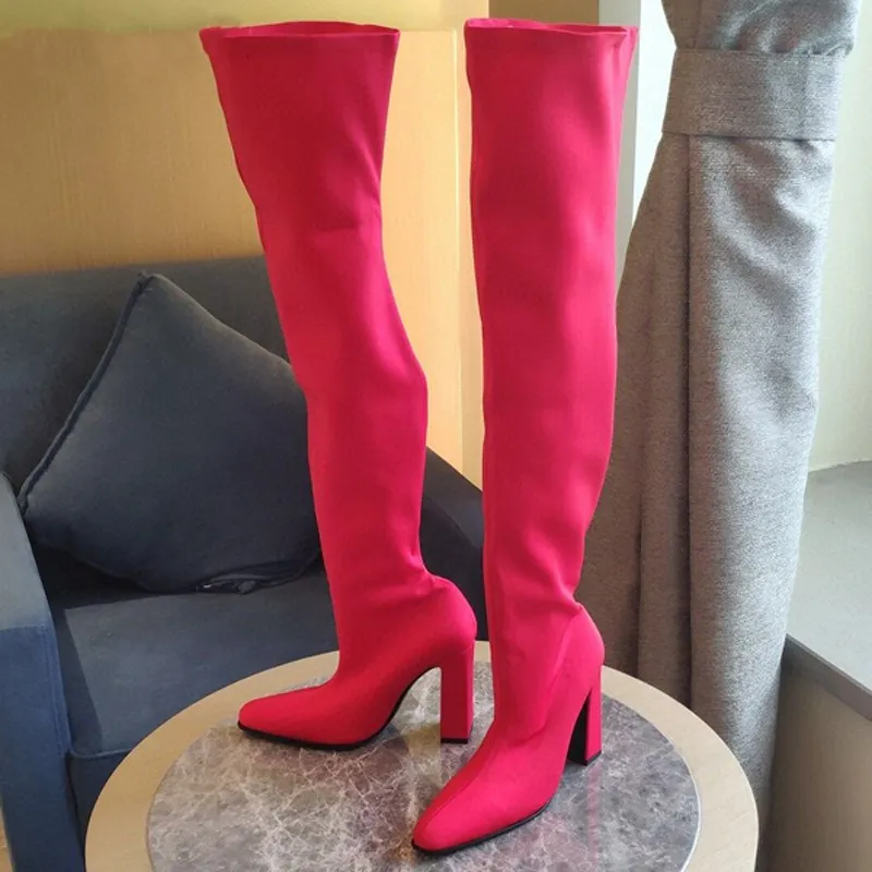 Satin Thigh High Red Knee High Boots T Show Winter Party Long Red