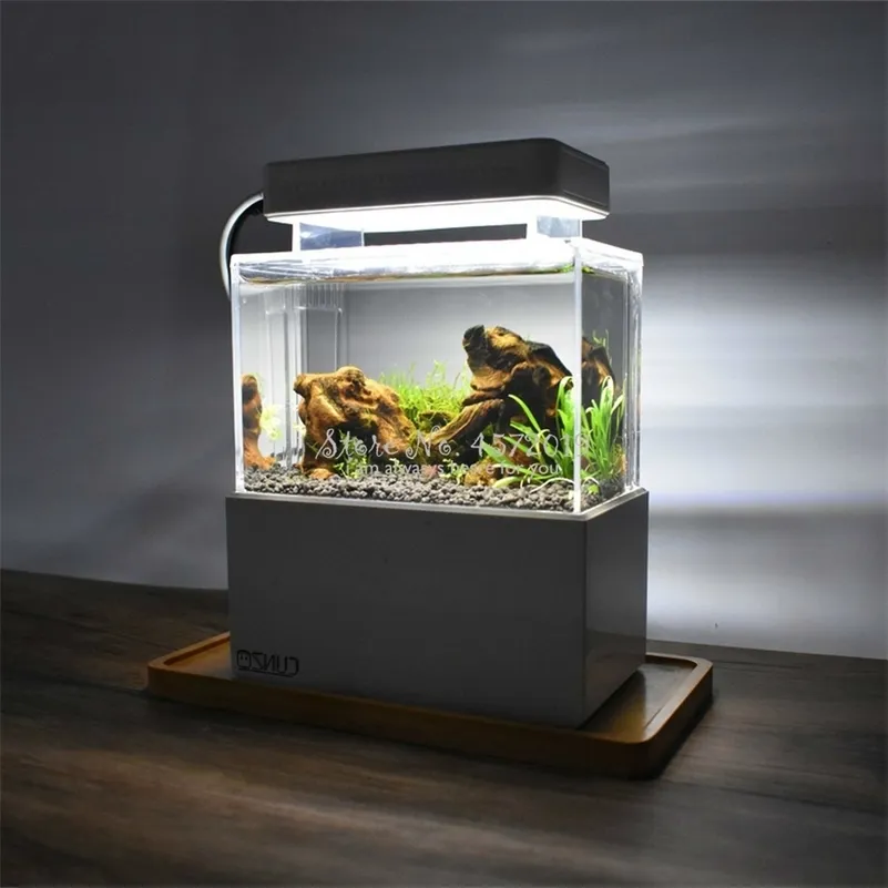 Upgraded Plastic Tank LED Light Desktop Fish Bowl with Water Filtration Quiet Air Pump Mini Aquarium Y200922