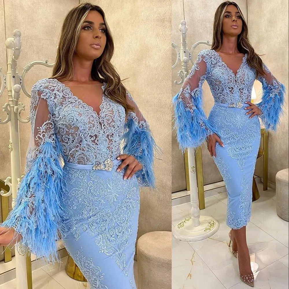 2021 New Sky Blue Arabski ASO EBI Krótkie Prom Dresses Długie Rękawy Koronkowe Aplikacje Pióro Długość Herbaty Suknie Wieczorowe Dla Dziewczyn Cocktail Sukienka