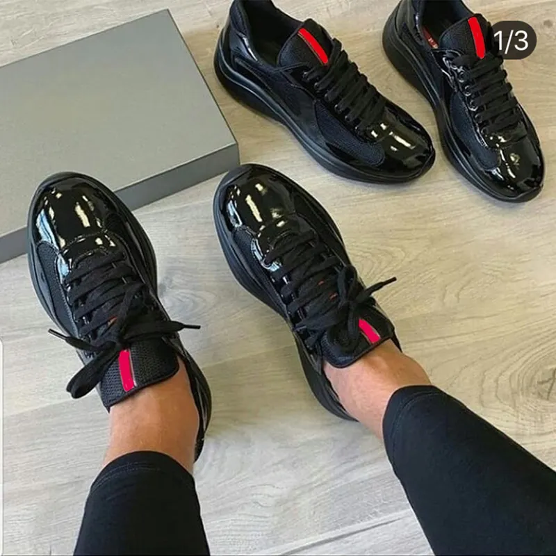 Men America`S Cup Xl Leather Sneakers High Quality Patent Leather Flat Trainers Black Mesh Lace-up Casual Shoes Outdoor Runner Trainers