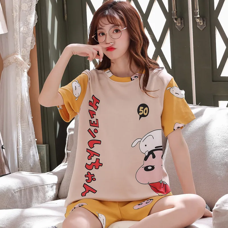 Bzel Cute Crayon Shin-chan 프린트 여름 잠옷 세트 여성을위한 느슨한 캐주얼 Sleepwear T- 셔츠 및 반바지 PJS 큰 크기 홈 슈트 T200701