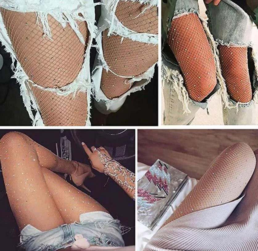  White Sparkly Fishnet Tights Rhinestone Fishnets Leggings  High Waist Stockings For Women Mesh Fishnets Glitter