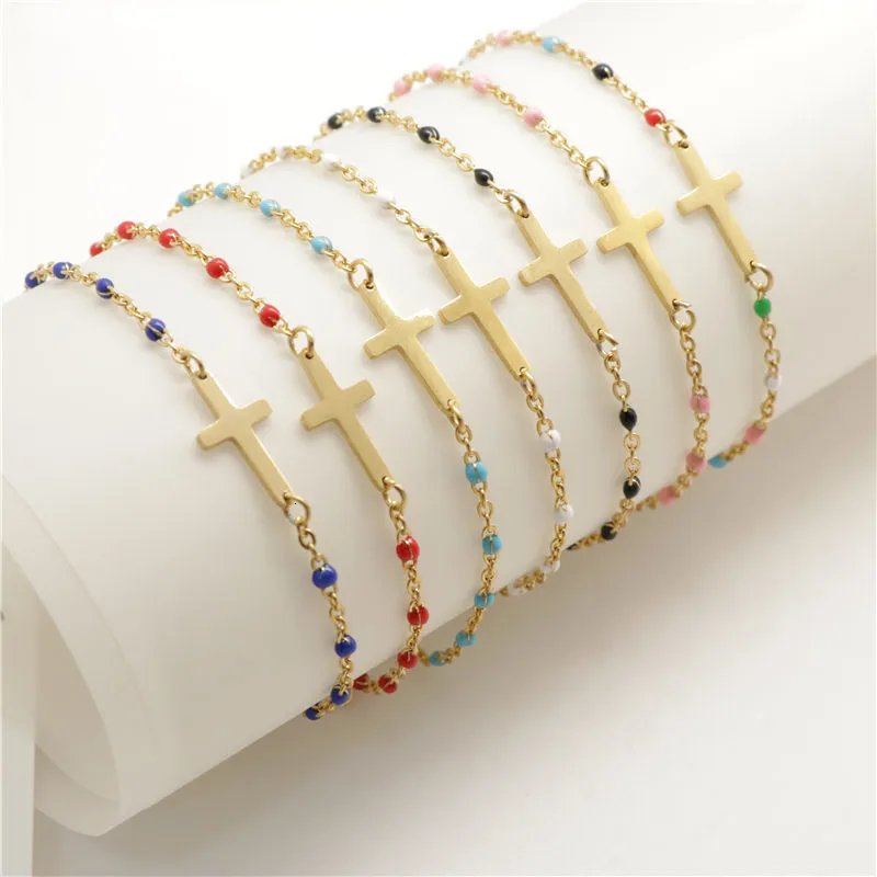 New Fashion Rvs Bracelets Link Cable Chain Cross Golden Enamel Bracelet Jewelry for Women Gifts 18cm Long, 1 Pc