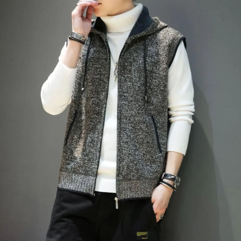 Autumn Men's Sleeveless Knitted Sweater Plus Velvet Vest Hooded Warm Vest Casual Sweater Mens