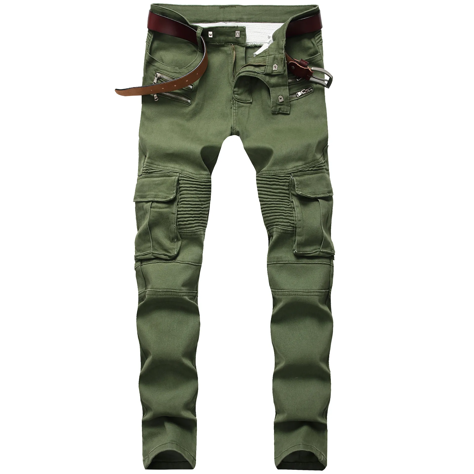 Godlegeu Mens Motocykl dżinsy zielone czarne chude motocyklowe moto projektant Urban Jogger Denim Pants