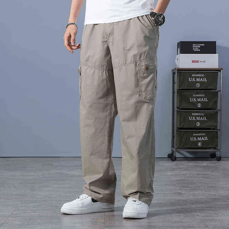 Men's Relaxed Fit Cotton twill Cargo work pants Big & Tall Outdoor Casual Elastic Waist baggy lightweight straight mens trousers H1223