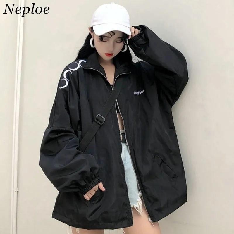 Neploe Baseball Jackets Veste de base pour femme Harajuku Gothic Moon Coat Coupe-vent surdimensionné Outwear Vêtements mi-longs 36782 201026