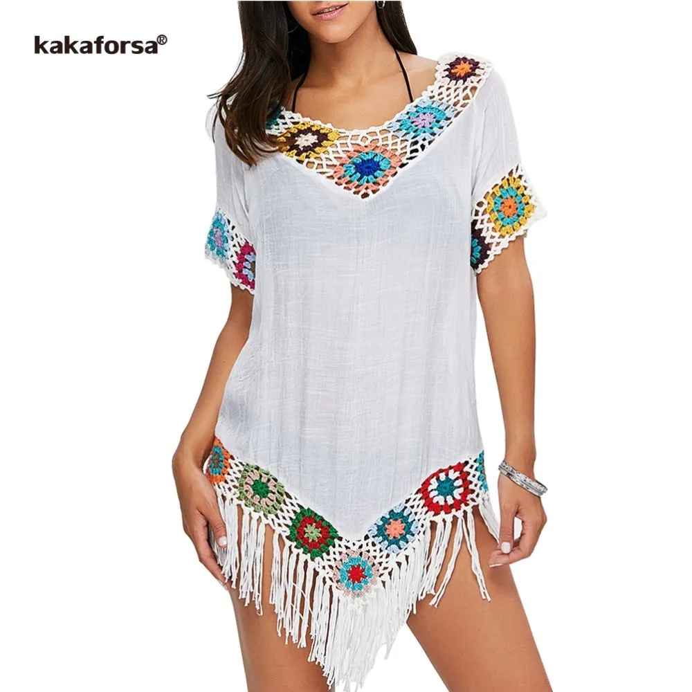 Kakaforsa 2019 Sexy Crochet Beach Cobertura Up Tassel Summer Beach Vestido de Algodão Maduito Maduito Bikini Cover Up Dada de Praia Y200708