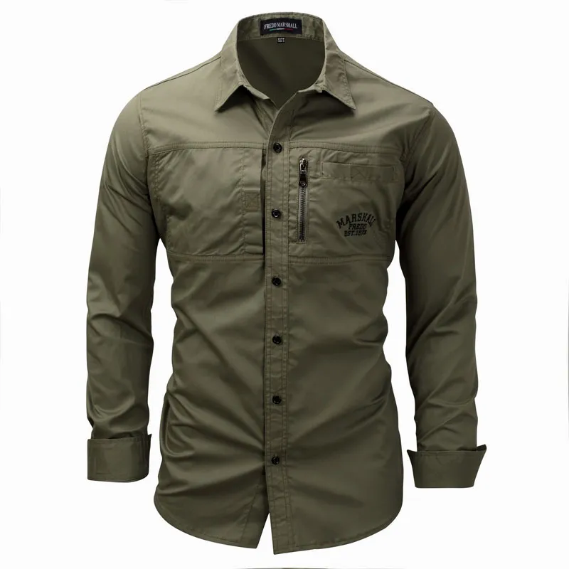 Camisas masculinas de botão para atividades ao ar livre, ajuste regular, manga longa, flanela, casual, masculina, jaqueta, jaqueta, casaco, verde militar, tamanho 3XL FM117