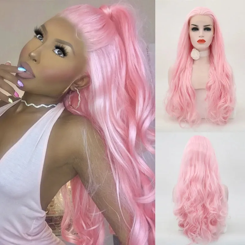 Synthetic Lace Front Wig Long Body Wave Hair Pink Wig Natural Hairline High Temperature Fiber Cosplay Wigs for Women