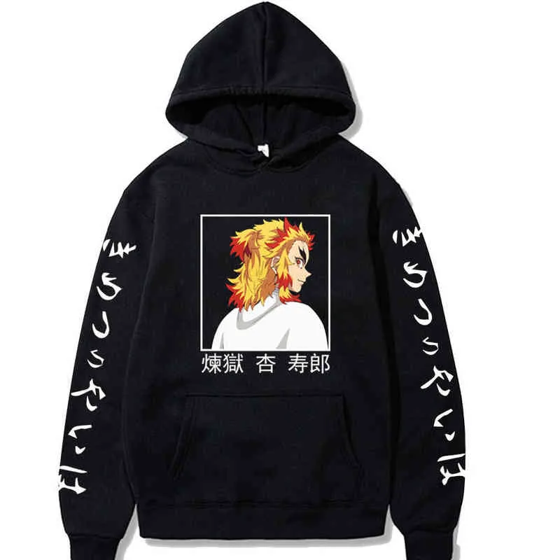 Engraçado Demon Slayer Rengoku Kyoujurou Hoodies Homens Mulheres Manga Longa Suéter Casual Tops Sudadarias Hombre H1227