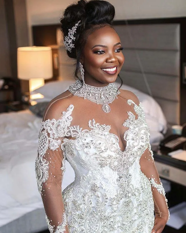 Cristaux de luxe robes de mariée sirène manches longues illusion dentelle appliques paillettes col haut sur mesure grande taille robe de mariée v209z