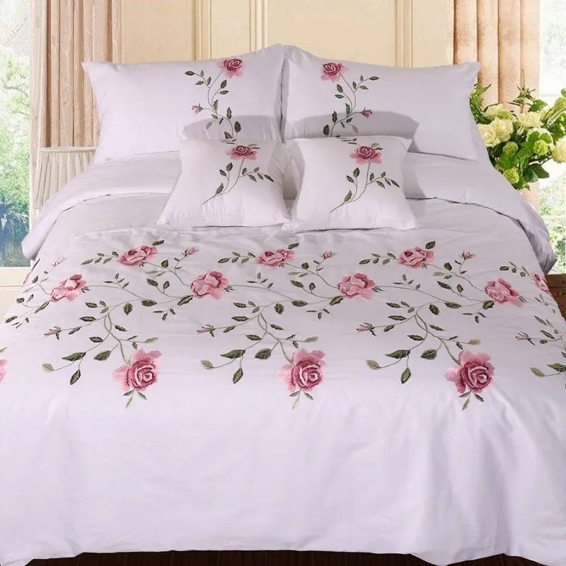 Ensemble de literie en coton doux de qualité supérieure Chic Fleurs Feuilles Broderie Blanc Rose Gris Housse de couette Drap de lit Twin Full Queen King Size T200706