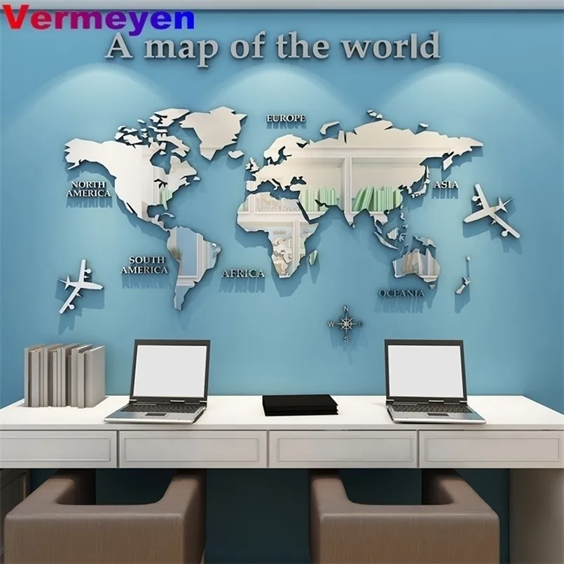 3D Mapa do mundo adesivo de parede Acrílico cor sólida de cristal parede com sala de estar sala de aula adesivos decoração de escritório idéias 220315