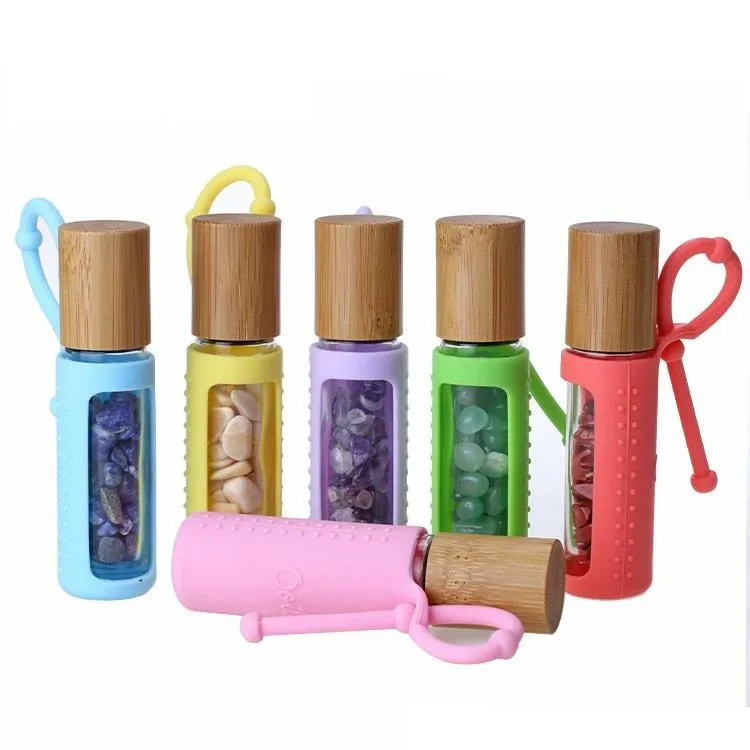 10ml Essential Oil Dyfuzor Clear Glass Roll na butelkach perfum z kruszonym naturalnym kryształowym kwarcem Kamień Kryształowy wałek Bambus