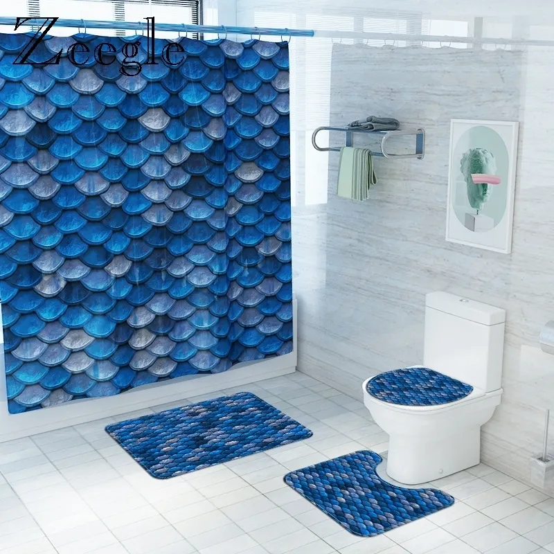 3D Digital Printed Bath Mat and Waterproof Shower Curtain Bathroom Floor Mat Flannel Toilet Pad Bathroom Bath Rug Set