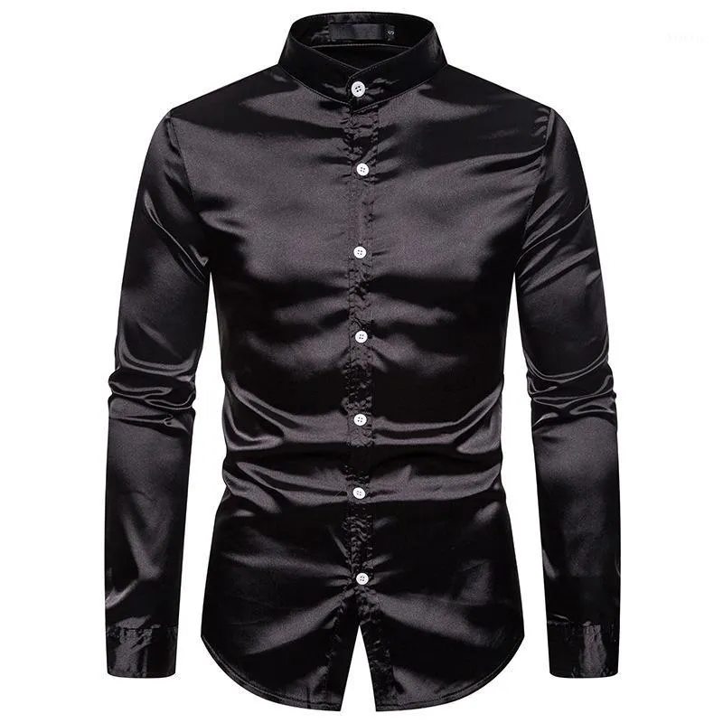 Homens Casuais Camisas Mens Mandarin Collar Silk Cetim Vestido 2021 Brand Regular Fit Camisa de Manga Longa Camisa Homens Camisa MASCULINA1