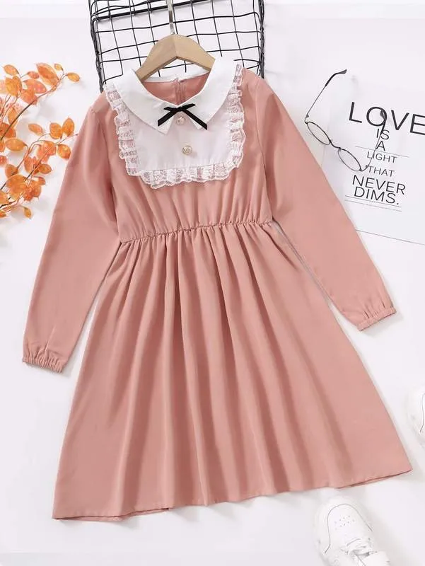 Girls Peter-pan Collar Lace Ruffle Trim Dress SHE