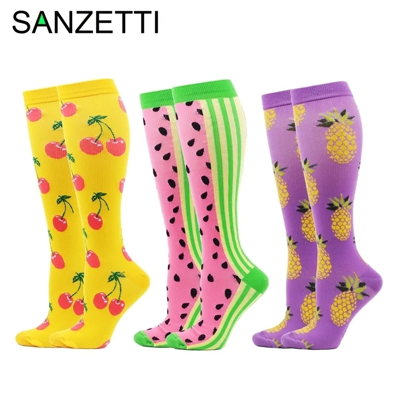 Sanzetti 3 Pairs İyi Satmak Kadın Renkli Bacak Desteği Streç Penye Pamuk Sıkıştırma Diz Aşağıda Anti-Yorgunluk Mutlu Çorap 201109