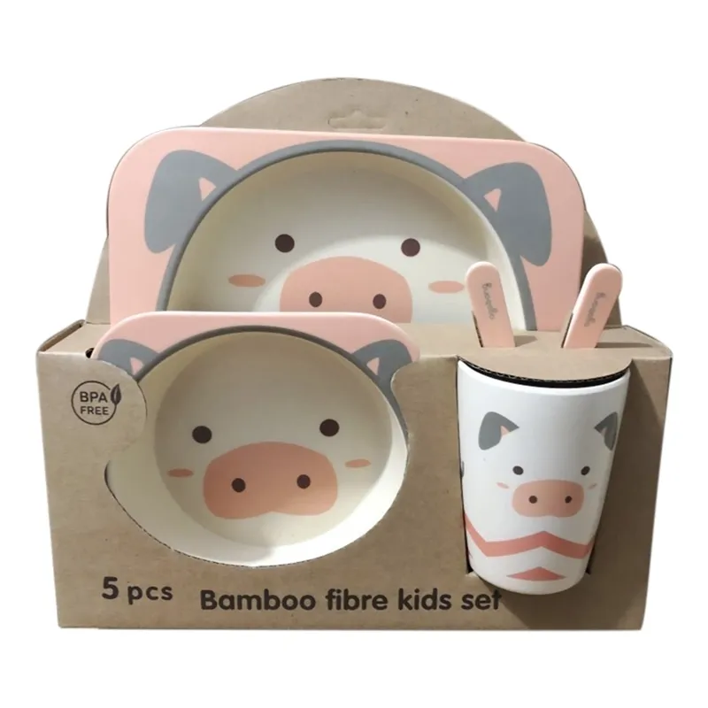 5 stks Outdoor Plate Bowl Vorken Cute Cartoon Dish Bamboo Fiber Baby Servies Set Voeding Voeding Lepel Picknick Cup Kids Servies Y200610