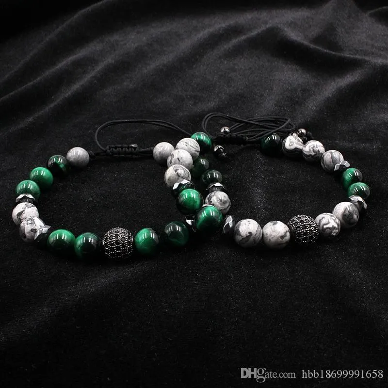 Bracelet en pierre de carte grise naturelle pour hommes, pavé de breloques CZ, bijoux en pierre d'oeil de tigre vert, Bracelet de bouddha pour homme