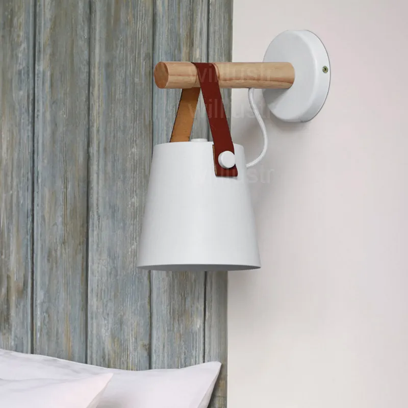 cottage iron wood leather belt wall sconce lamp American country lighting cafe bar bedside sofa side hotel bedroom white black light