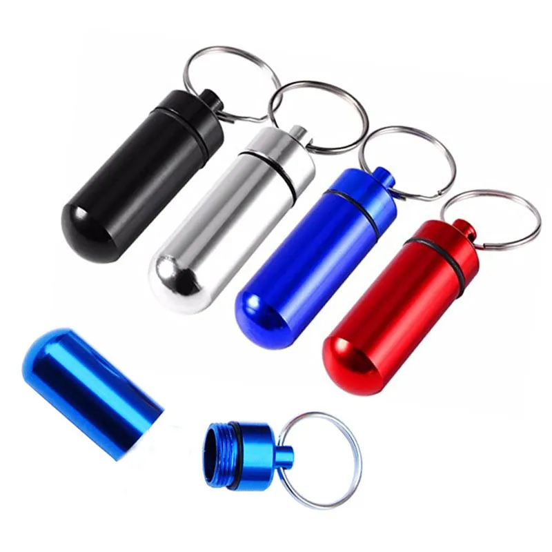 Rökning Tillbehör Vattentät Aluminium Keychain Medication Pill Box Mini Travel Pills Boxes Medicin Vitaminhållare Container Case Bottle