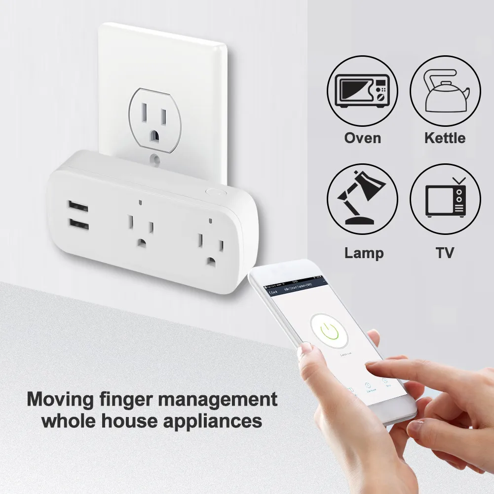 Wifi Smart Power Strip Protetor contra surtos 2 tomadas americanas Tomada elétrica com portas USB App Controle remoto por voz por Alexa Googlehome IFTTT