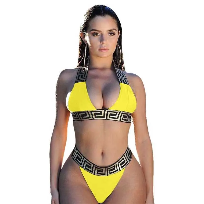 Sexy conjuntos de biquíni para mulheres bandagem maiô colheita topo banho tanga maiô alta corte beachwear impressão sólida novo bather282o