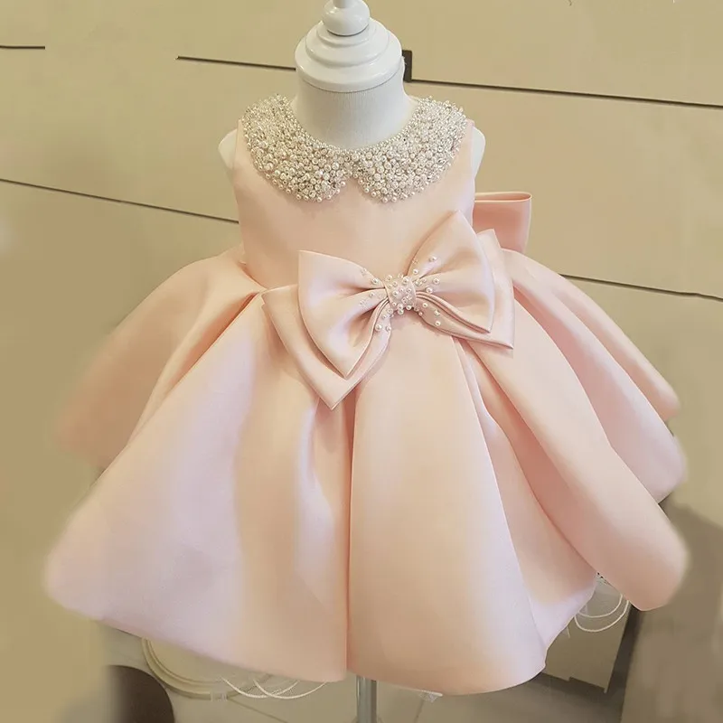 Nouvelle mode perlée arc fleur fille robes pour mariage princesse moelleux tulle bébé filles baptême baptême robe d'anniversaire LJ201222