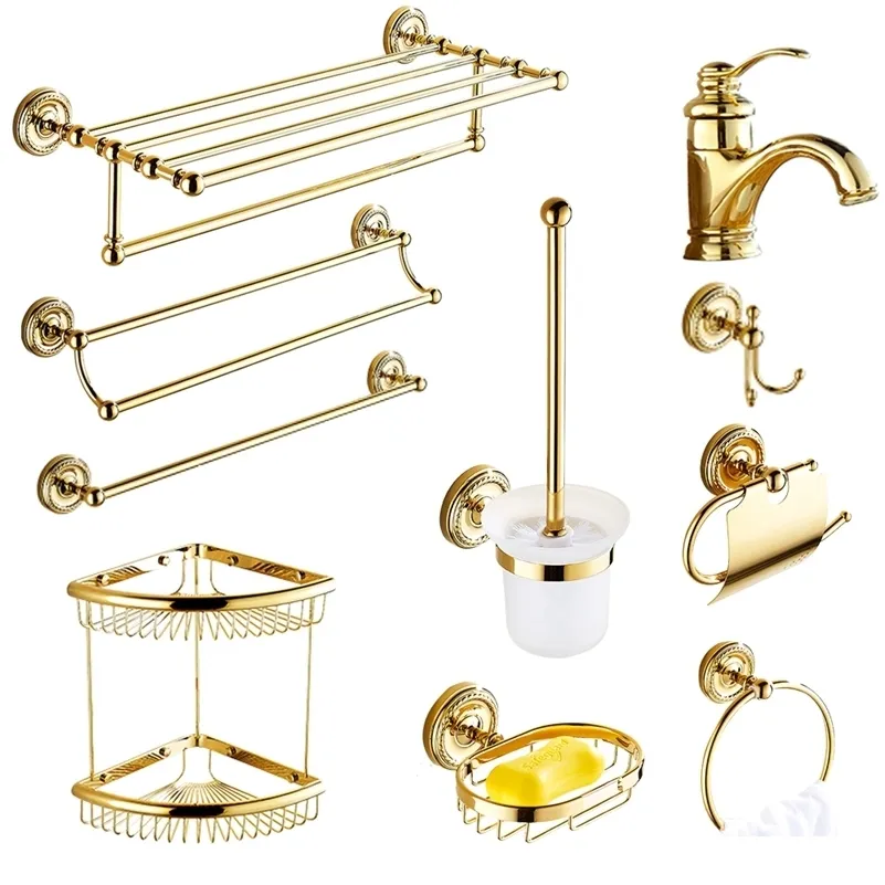 Europäische Kupfer Seifenschale vergoldet Badezimmer Anhänger Set Badezimmer Kreative Wasserhahn Tissue Box Bad Hardware Zubehör LJ201209