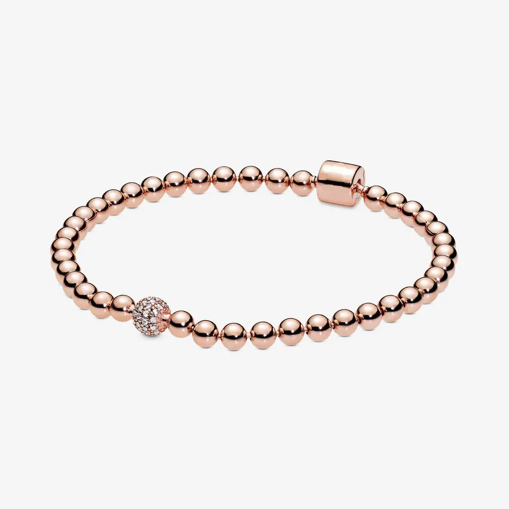 100 ٪ 925 sterling Silver Rose Gold Beads Pave Bracelet Fashion Association Association Association Jewelry Jewelry for Women Gift