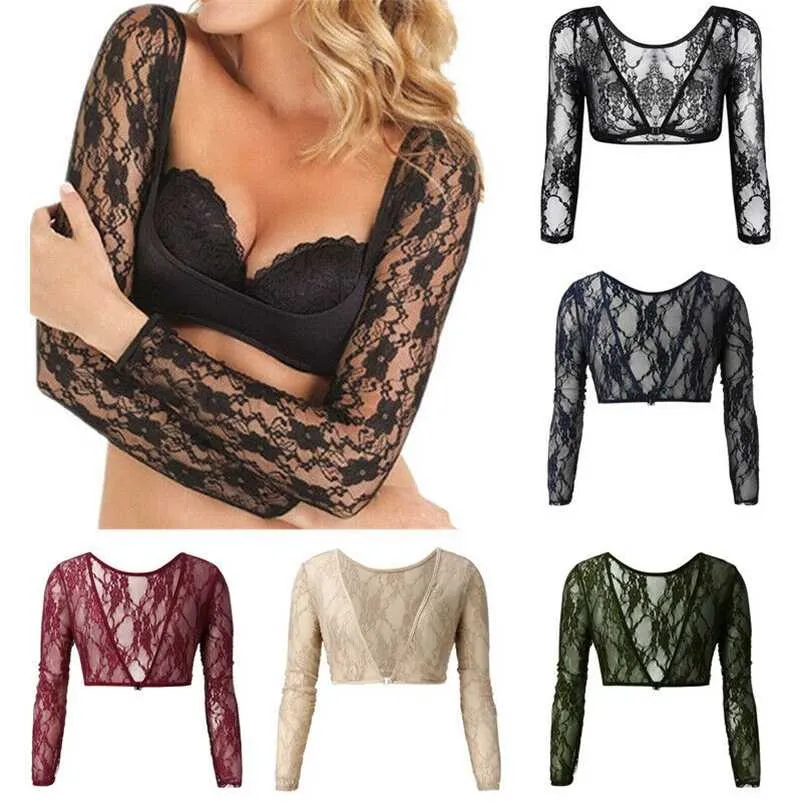 Seamless Arm Shaper Sleevey Women's Sexy Lace V-neck Perspective Crop Tops S-3XL 211230