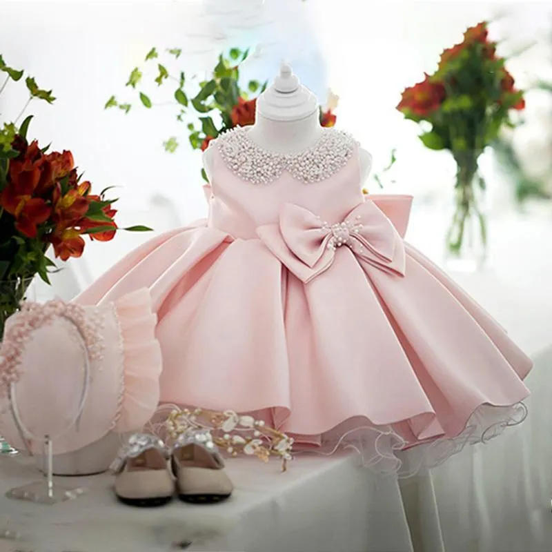 White Wedding Satin Princess Baby Girls Dress Bead Bow Birthday Evening Party Infant Dress for Girl Gala Kid Clothes 2 8 10 Year1