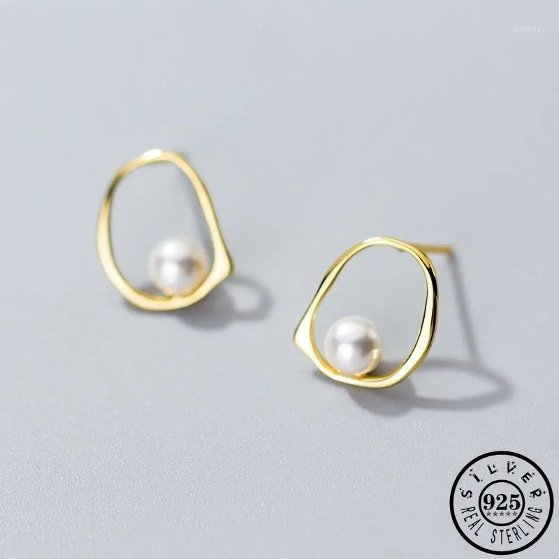 Stud 925 Sterling Silver Geometryczny kształt z okrągłym powłoką Pearl Ear Studs Koreański Złoty Kolor Plated Kolczyki Fine Jewelry Dla Kobiet1