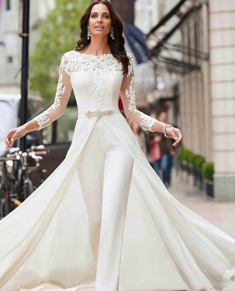 Elegant Long Sleeves Lace 2022 Wedding Dresses Jumpsuit Chiffon Applique Ruched Sweep Train Wedding Bridal Gowns robe de mariee254o