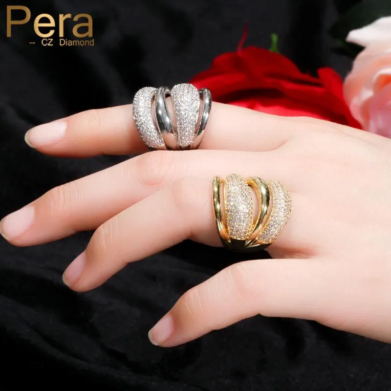 Pera Luxury Sparkling CZ Zircon Silver Color Multilayer Large Open Resizable Wedding Rings for Women Party Jewlery Gift R141