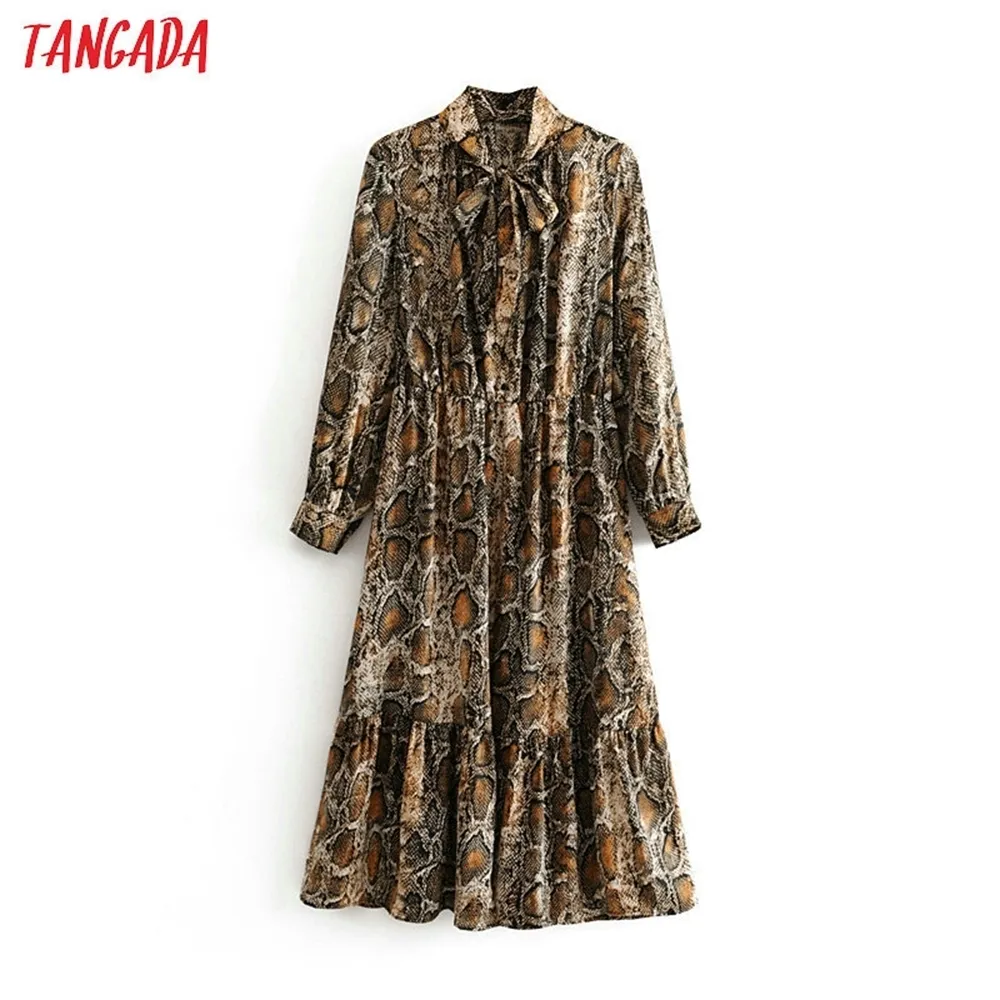 Tangada women snake print midi dress long sleeve autumn winter vintage bow tie lady female dress vestidos LJ200818