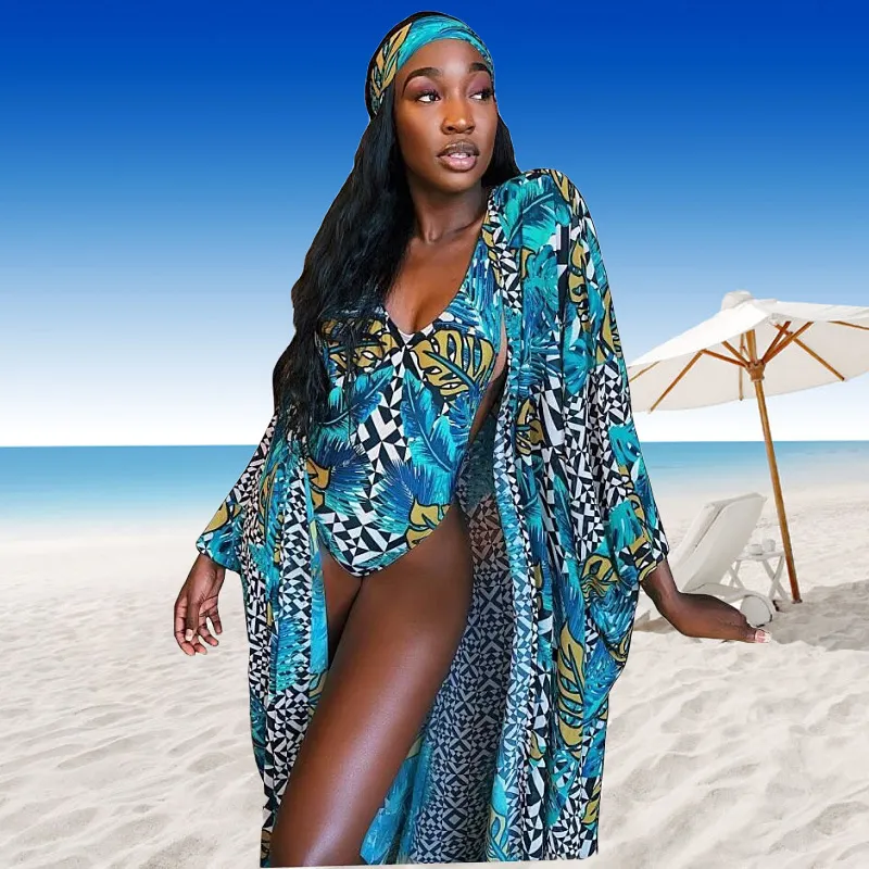 New summer women's fashion sexy print Cape + bikini two piece split swimsuit color