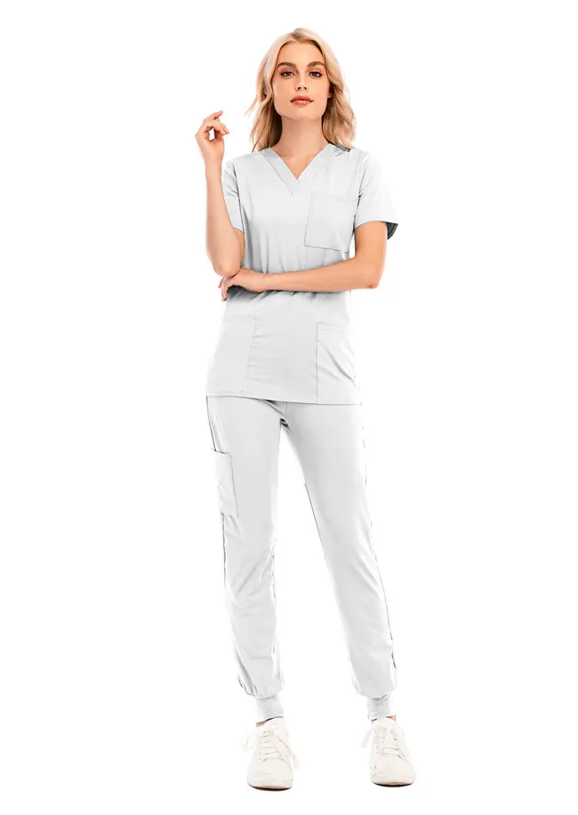 Medigo-012 Women`s Two Piece Pants Solid Color Spa Threaded Clinic Work Suits Tops+pants Unisex Scrubs Pet Nursing hospital Uniform Suit