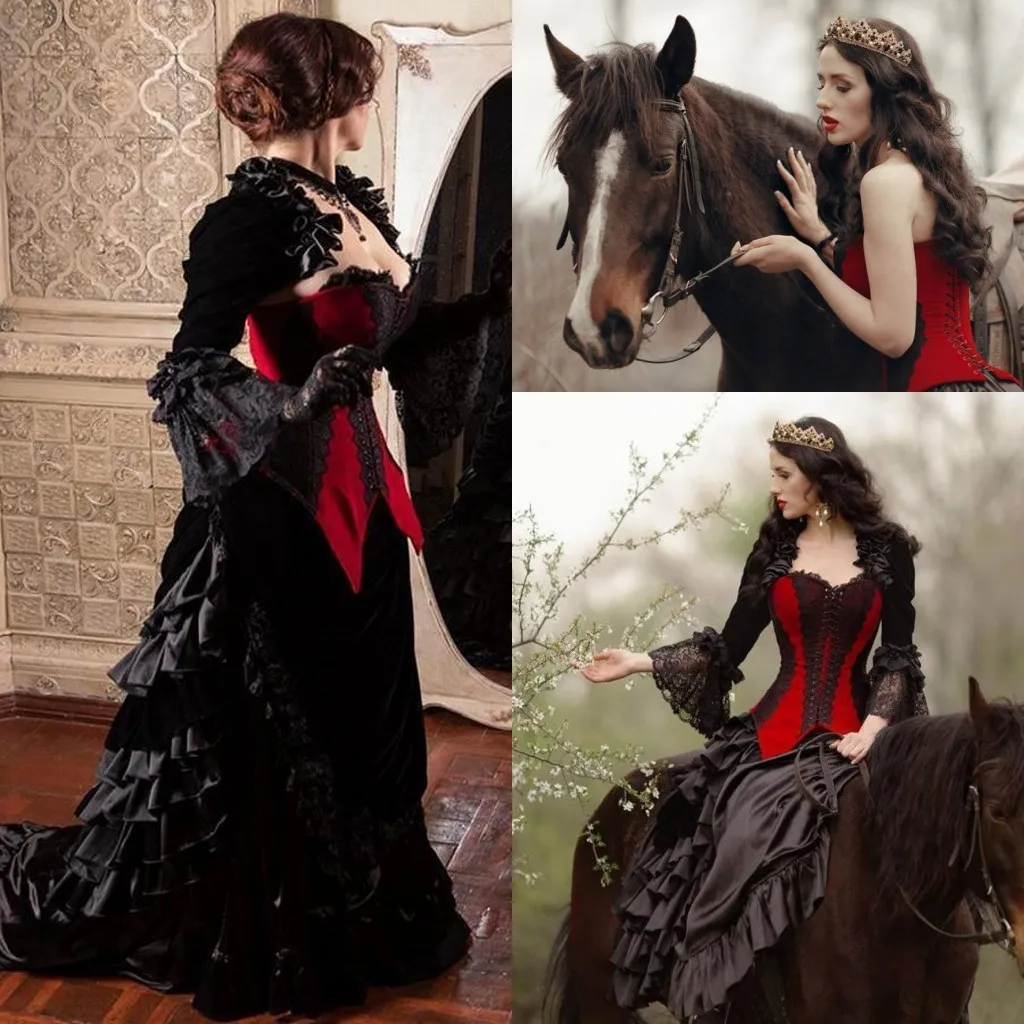 Vintage robe de mariée gothique noire et rouge avec veste long juliet manches de mûres de dentelle à lacets corset arrière back train train robe de mariée