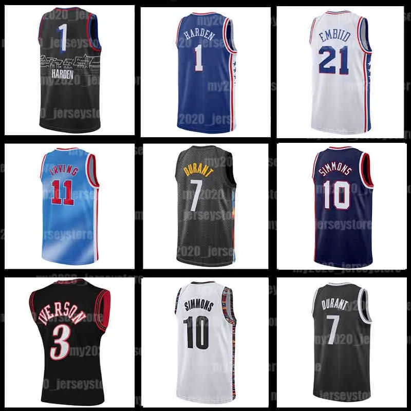 1 Harden 7 Kevin Durant Basketball Jersey 11 Irving Joel 21 Embiid 3 Allen Iverson James Ben 10 Simmons Jerseys Kyrie 6 Julius Erving Heren Zwart Blauw Wit 75th 2021 2022