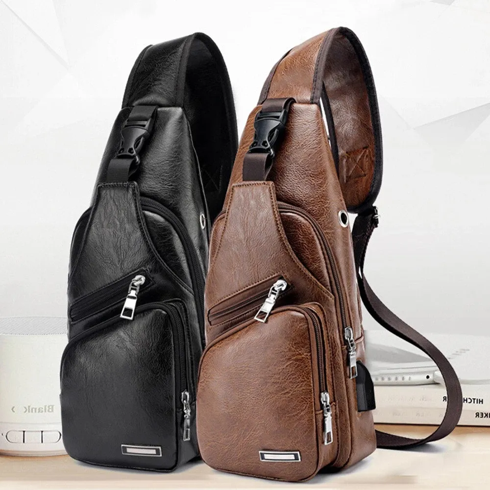 Men Shoulder Bags USB Charging Crossbody Anti-theft Chest Bag PU Leather Travel Bags