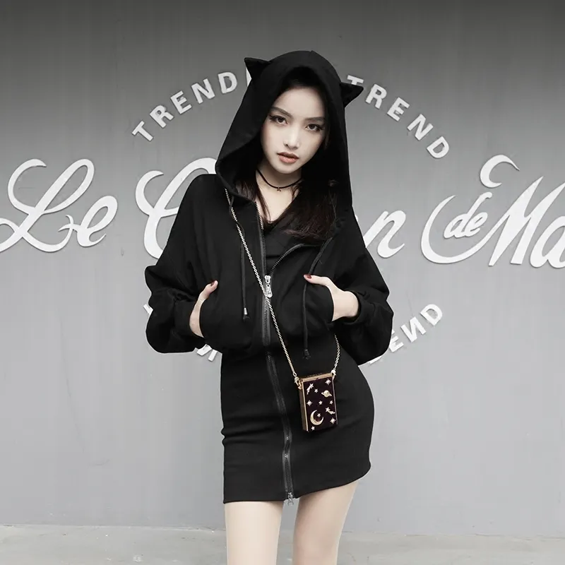 Kawaii Hoodie Harajuku Long Sweatshirt Women Black Punk Gothic Hoodies Hoody Ladies Zip Up Autumn Cute Ear Cat Hoodies Y200930 From 12 89 DHgate