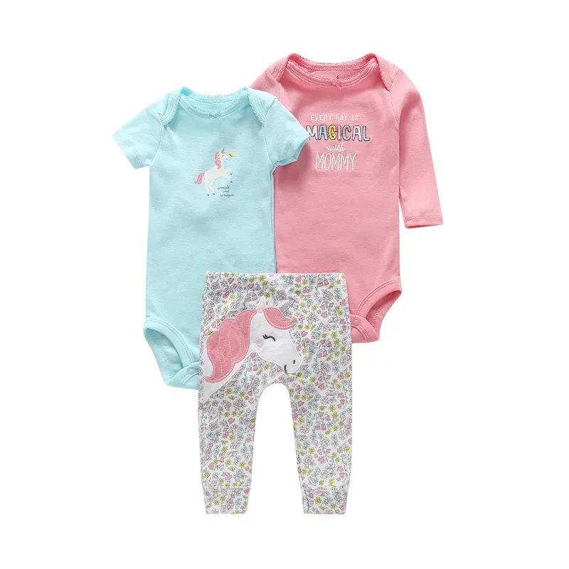 6-24 MONTH newborn outfits 3 pieces clothing set for infant baby boy girl cute Cartoon unicorn bodysuit+romper+pants cotton