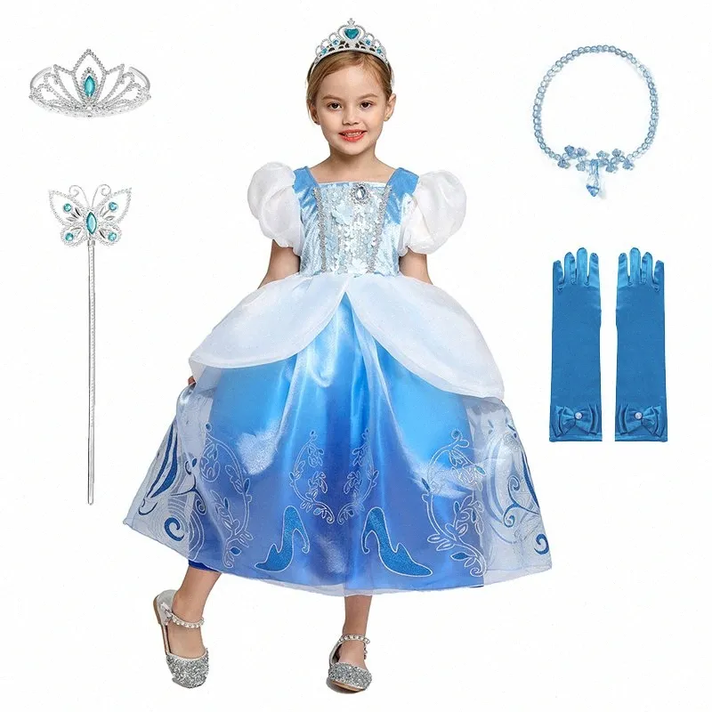 Fantasia Vestido Infantil Princesa Cinderela + Luvas + Coroa