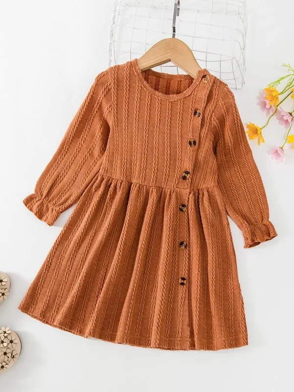 Toddler Girls Flounce Sleeve Button Detail Cable Textured Dress SHE