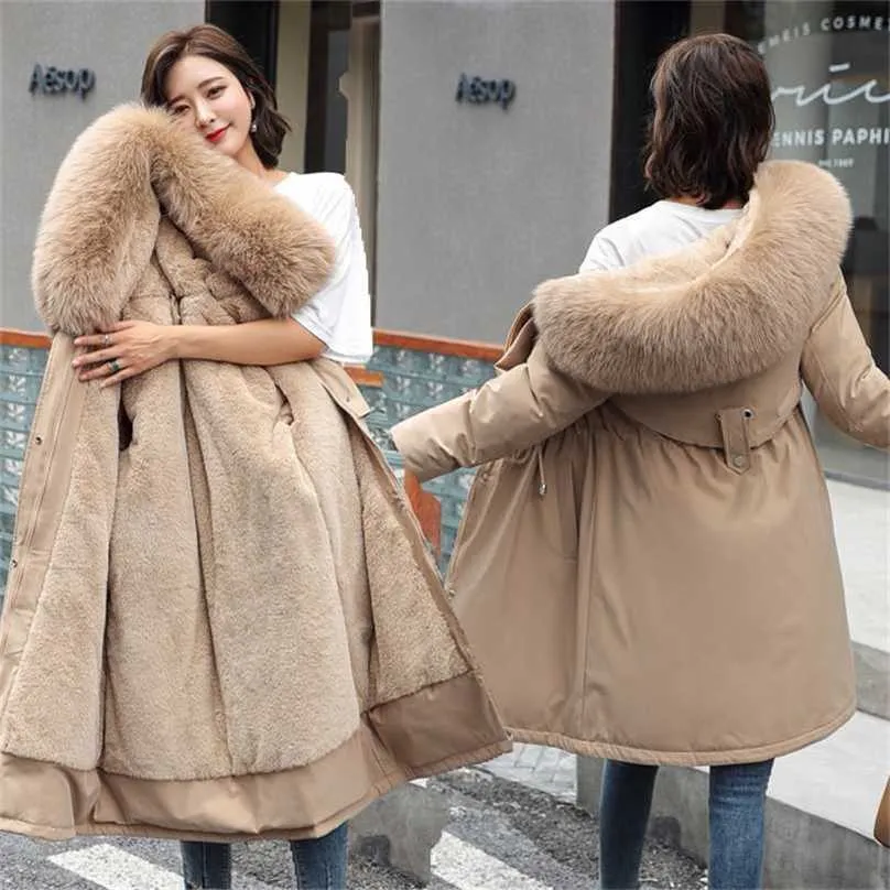 Femmes longues Parkas à capuche avec doublure en laine de fourrure dames vestes d'hiver décontractées manteaux chauds épais poches à glissière vêtements d'extérieur pour femme 211216